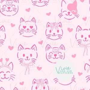 May include: A seamless pattern featuring pink cats with different expressions and bows. The background is a light pink with small pink hearts.