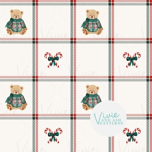 Grünes und rotes strukturiertes kariertes Weihnachten nahtloses Muster, Teddybären und Bögen, Feiertags-Plaid-Muster, sich wiederholendes Muster für den kommerziellen Gebrauch