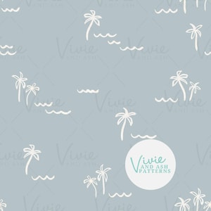 Hand Drawn Palm Tree Seamless Pattern, Blue Gray, Summer Seamless Repeat Pattern Download Digital File for Commercial Use