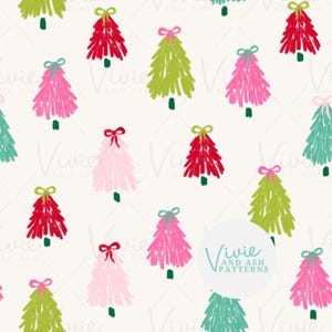 Pink Green and Red Christmas Trees with Bows Seamless pattern, Cute Bright Christmas Seamless Repeat for Commercial Use