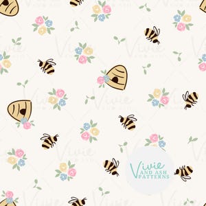 May include: A repeating pattern featuring cartoon bees, beehives, and floral bouquets in pastel colors. The design includes yellow, pink, and blue flowers, with green leaves and a cream-colored background. The bees have black and yellow stripes.