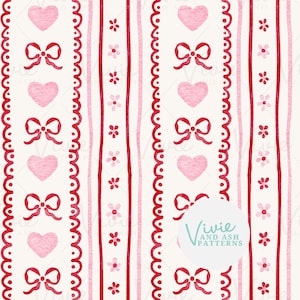 Watercolor Valentine Bow Heart Stripes Seamless Repeating Pattern, Pink and Red Seamless Pattern, Digital File for Commercial Use