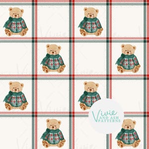 Grüne und rote strukturierte karierte Weihnachtsteddybär-nahtlose Muster, Teddybären, Feiertags-kariertes Muster, sich wiederholendes Muster für Werbung