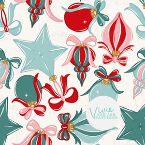 Red and Green Christmas Ornaments and Bows Seamless pattern, Seamless Repeat for Commercial Use