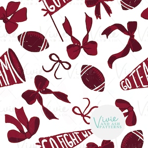 May include: A seamless pattern featuring maroon footballs, bows, and banners with text like "GO TEAM" and "GO FIGHT WIN" on a white background. The design has a hand-drawn, watercolor style.