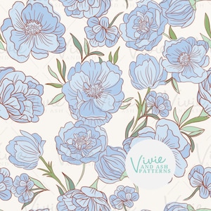 May include: A seamless pattern featuring blue flowers with brown outlines on a cream background. The pattern is perfect for fabric, wallpaper, or other design projects. The text "Vivie and Ash Patterns" is in a circle in the lower right corner.