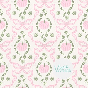 Peut inclure: Motif répété avec des citrouilles roses, des nœuds et des vignes vertes avec des feuilles sur fond crème. Le motif comprend des citrouilles roses, des nœuds roses et des vignes vertes. Le logo Vivie and Ash Patterns est en bas à droite.