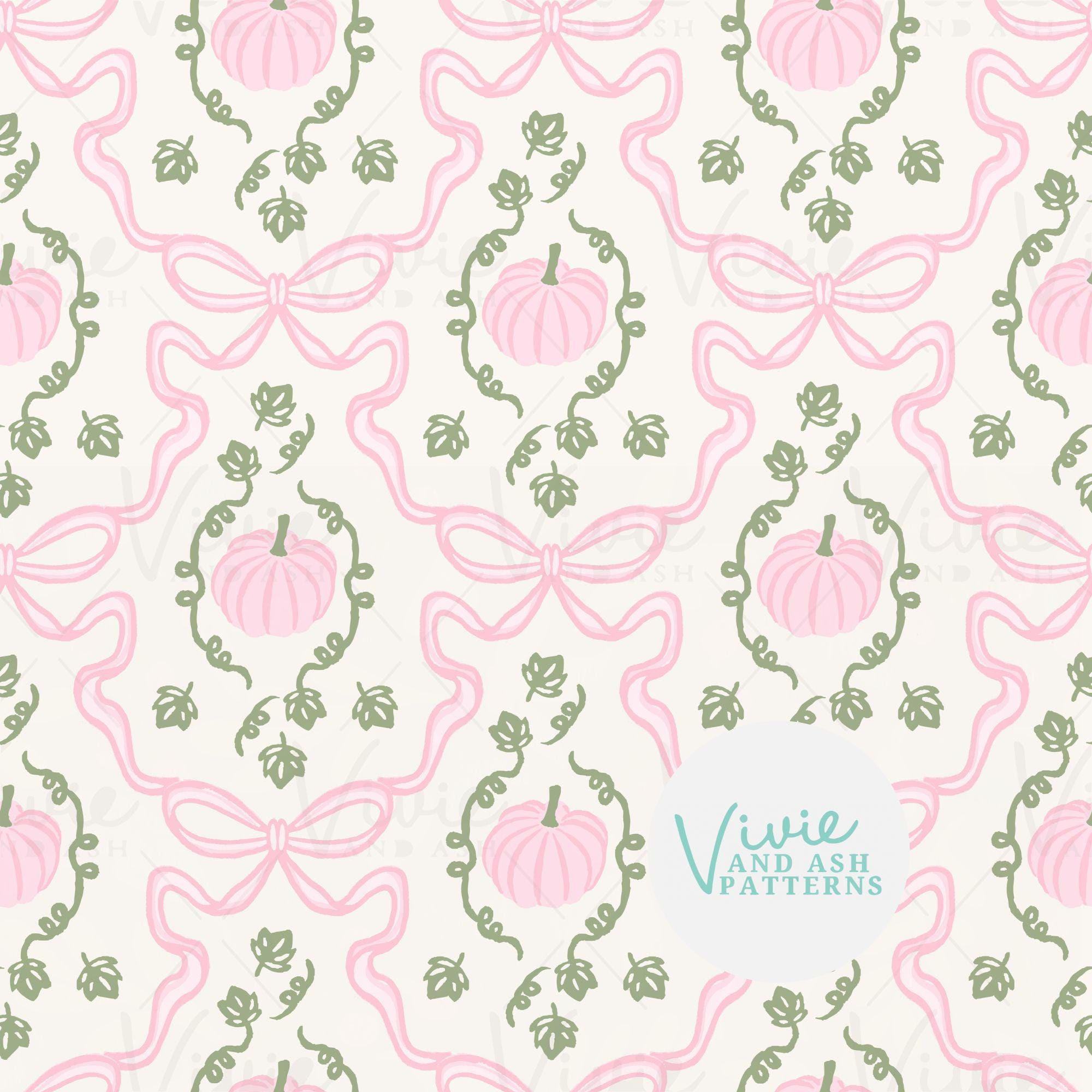 Fall Pink Pumpkin and Bow Trellis Halloween Seamless Pattern, Halloween Pumpkin Seamless, Pattern File  for Commercial Use