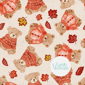 May include: A repeating watercolour pattern of brown teddy bears in red sweaters, alongside autumn leaves in red, yellow, and brown. The design is set on a cream background, creating a warm, seasonal aesthetic. The pattern is suitable for various applications.