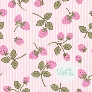 May include: A seamless pattern featuring pink strawberries with green leaves on a pink and white striped background. The pattern is perfect for fabric, wallpaper, or other creative projects.