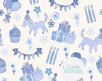 Blue and White Puppy Birthday Seamless Pattern File, Balloons and Cupcakes Seamless Repeat Pattern Digital File