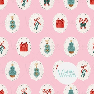 Pink Red and Green Cameo Christmas Seamless pattern, Presents, Mistletoe, Candy Canes Seamless Repeat for Commercial Use