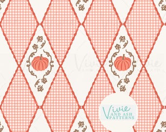 Fall Orange Pumpkin and Gingham Halloween Seamless Pattern, Halloween Pumpkin Seamless, Pattern File  for Commercial Use
