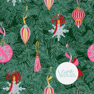 Red Green and Pink Christmas Ornaments on Tree Branches Seamless pattern, Christmas Tree, Seamless Repeat Commercial Use