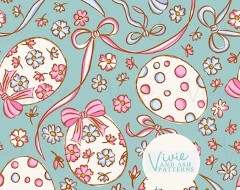 Blue and Pink Easter Egg Floral, Easter Spring Floral Seamless Repeating Pattern, Easter Bows Digital File for Commercial Use, Digital Paper