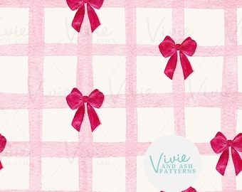 Watercolor Bow Gingham Pattern, Pink and Red (Digital File)