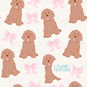 Cucciolo di Goldendoodle e fiocchi rosa, motivo ripetuto senza soluzione di continuità, file digitale per uso commerciale, carta digitale