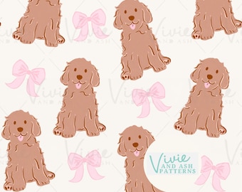 May include: A seamless pattern featuring brown dogs with pink bows. The dogs are sitting with their tongues sticking out. The background is white.