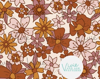 Brown Retro Daisies Fall Floral Seamless Repeat, Fall Floral, Aurora Floral Seamless Pattern Download Digital File for Commercial Use