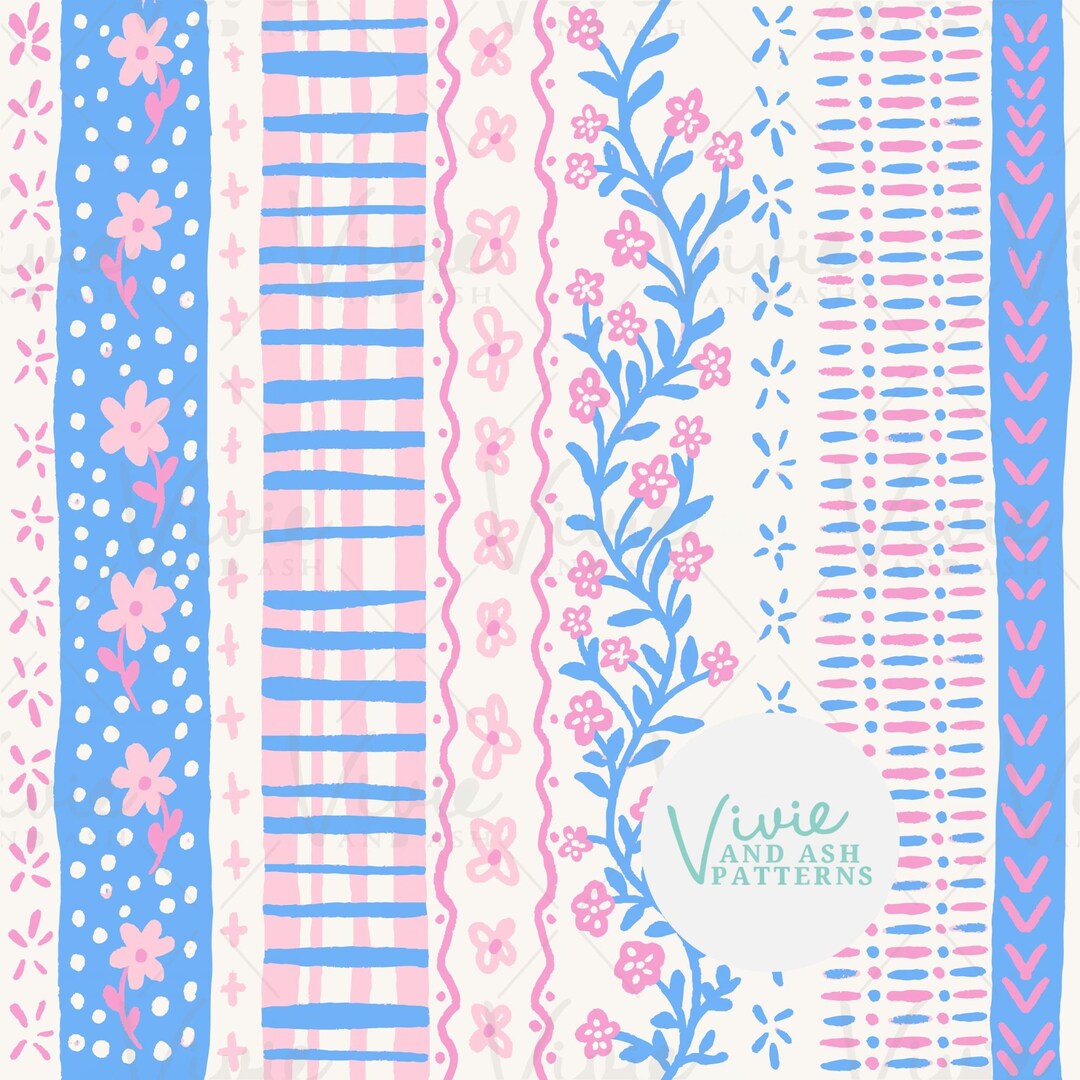 Vertical Stripe Floral Seamless Repeating Pattern, Pink and Blue Floral ...