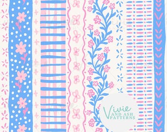 Vertical Stripe Floral Seamless Repeating Pattern, Pink and Blue Floral Seamless Pattern, Digital File for Commercial Use