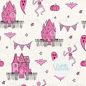 Nawiedzony Dom Halloween Szkielety, Różowy Wzór Bez Szwu Halloween, Halloween Bez Szwu, Plik Wzoru do Użytku Komercyjnego