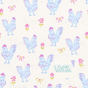 Pink and Blue Chicken Seamless Repeating Pattern, Pink and Blue Bow Pattern File, Spring Digital File for Commercial Use, Digital Paper