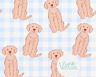 May include: A seamless pattern featuring a light blue and white gingham background with illustrations of golden retriever puppies. The puppies are sitting with their tongues sticking out. The text "Vivie and Ash Patterns" is in a circle in the lower right corner of the image.