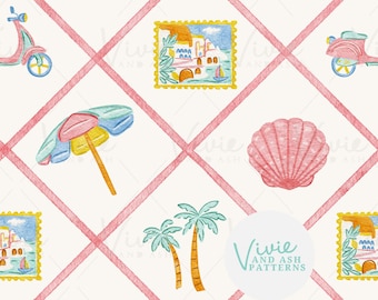 Summer Italian Seamless Diamond Trellis Pattern, Beach Pattern Seamless Repeating Pattern, Pink Pattern File, Digital File for Commercial