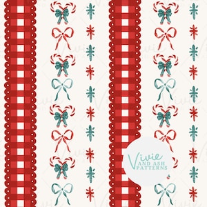 Motif sans couture de rayures verticales rouges et vertes de Noël Vichy, répétition sans couture de noeuds et de cannes de bonbon