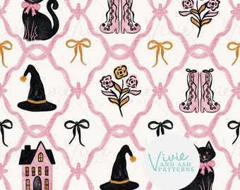Cute Pink and Black Halloween Cat Seamless Pattern, Kitty Seamless, Bow Halloween Trellis Pattern File  for Commercial Use