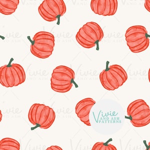 May include: A seamless pattern featuring a repeating design of orange pumpkins on a white background. The pumpkins are drawn in a watercolor style with a slightly textured appearance.