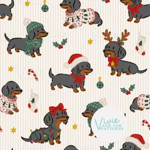 May include: A repeating pattern featuring black and tan dachshunds in various festive outfits, including jumpers, scarves, and Santa hats, interspersed with Christmas stockings, candy canes, holly, and stars on a cream striped background.