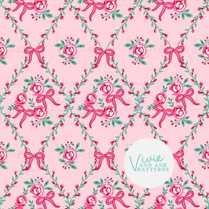 Red Green and Pink Christmas Floral Bow Trellis Seamless pattern, Bow Christmas Seamless Repeat Commercial Use