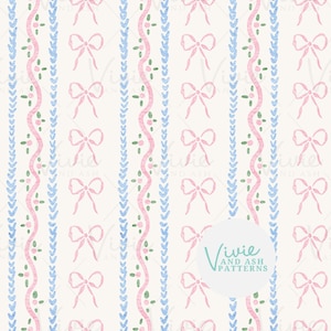 Noeuds et fleurs, rayures florales verticales roses et bleues motif répétitif sans couture, motif floral sans couture, fichier floral numérique