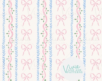 Bows and Florals, Pink and Blue Vertical Floral Stripes Seamless Repeating Pattern, Floral Seamless Pattern, Digital Floral File