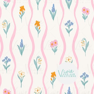 Vertical Stripe Floral Seamless Repeating Pattern, Pastel FlowerSeamless Pattern, Digital File for Commercial Use