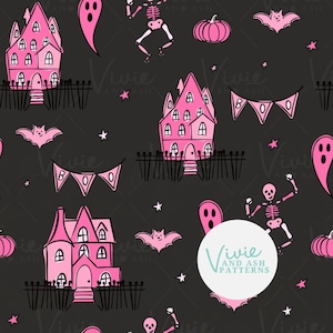 Nawiedzony Dom Halloween Szkielety, Różowy i Czarny Wzór Bez Szwu na Halloween, Halloween Bez Szwu, Plik Wzoru do Użytku Komercyjnego