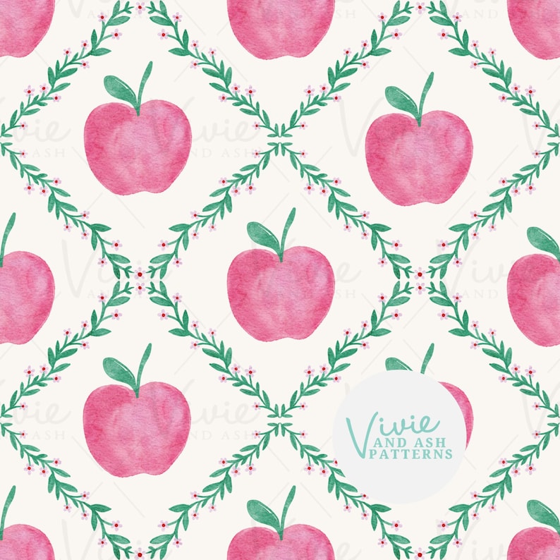 Pink Apples Floral Seamless Pattern, Back to School Repeating Pattern ...