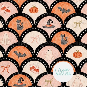 Höst Halloween pilgrimsmussla svart och orange sömlöst mönster fil av VivieAndAsh (JPEG digital nedladdning) Spöke, svart katt, häxa, rosetter