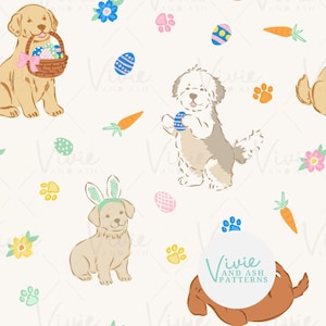 Könnte beinhalten: Ein sich wiederholendes Muster mit Cartoon-Hunden, Ostereiern, Karotten, Blumen und Pfotenabdrücken. Ein Hund trägt einen Korb mit Eiern, ein anderer hält ein Ei und ein dritter trägt Hasenohren. Das Design enthält den Text "Vivie and Ash Patterns".