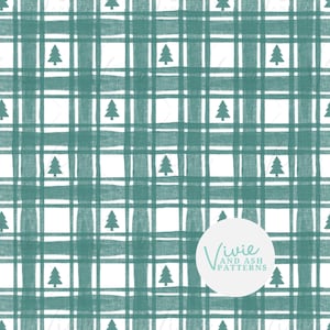 Green Gingham Christmas Tree Seamless pattern, Green Christmas Seamless Repeat, Winter Repeating Pattern for Commercial Use