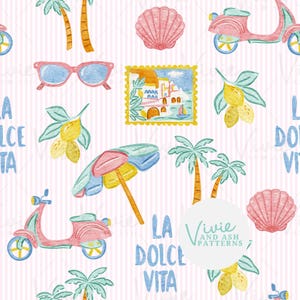 May include: A seamless pattern featuring a pink and white striped background with various summer-themed illustrations, including a pink scooter, a beach umbrella, palm trees, lemons, seashells, sunglasses, and a postcard with a cityscape. The text "La Dolce Vita" is written in a stylized font.