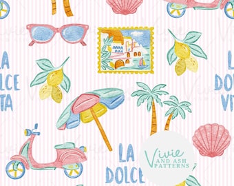 Italian Summer Coast Seamless Pattern by VivieAndAsh: Pink Blue Beach Design (Digital File)