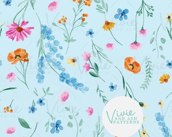 Blue Watercolor Wildflower Seamless Floral Repeating Pattern by VivieAndAsh