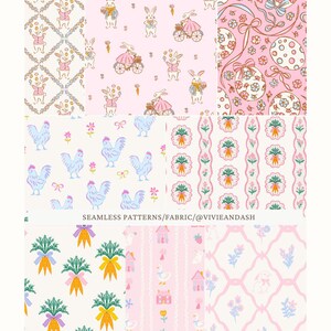 Pu&ograve; includere: Una collezione di motivi tessili senza cuciture a tema pasquale e primaverile. I disegni includono coniglietti, polli, carote, uova di Pasqua ed elementi floreali nei colori pastello rosa, blu e giallo. Il testo "SEAMLESS PATTERNS/FABRIC/@VIVIEANDASH" &egrave; visibile.