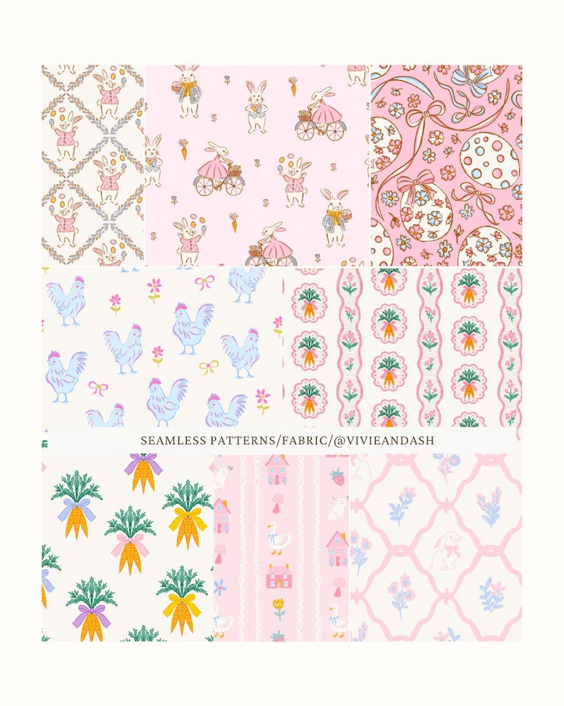 Pu&ograve; includere: Una collezione di motivi tessili senza cuciture a tema pasquale e primaverile. I disegni includono coniglietti, polli, carote, uova di Pasqua ed elementi floreali nei colori pastello rosa, blu e giallo. Il testo "SEAMLESS PATTERNS/FABRIC/@VIVIEANDASH" &egrave; visibile.