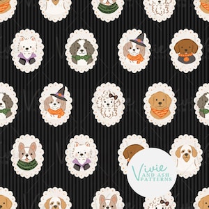 Puede incluir: Patrón repetitivo con ilustraciones de perros en marcos ovalados con bordes festoneados. Los perros, de varias razas y colores, visten disfraces de Halloween, como sombreros de bruja y bufandas, sobre un fondo a rayas negras y grises.