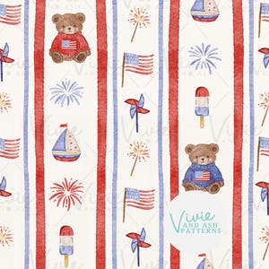 May include: Watercolor pattern featuring red and blue stripes with patriotic elements. Includes teddy bears in sweaters, American flags, fireworks, pinwheels, sailboats, and popsicles. The design is perfect for Fourth of July celebrations.