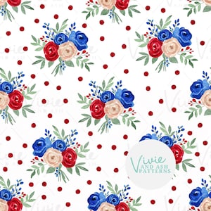 Red White and Blue Bouquet Watercolor Floral Seamless Repeating Pattern, 4th of July Floral Pattern File, Digital File for Commercial Use